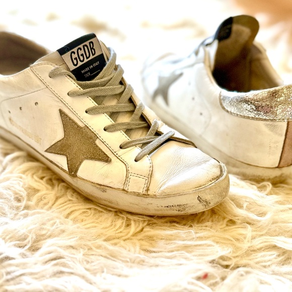 Golden Goose White and Silver Superstar Sneakers - Picture 1 of 5